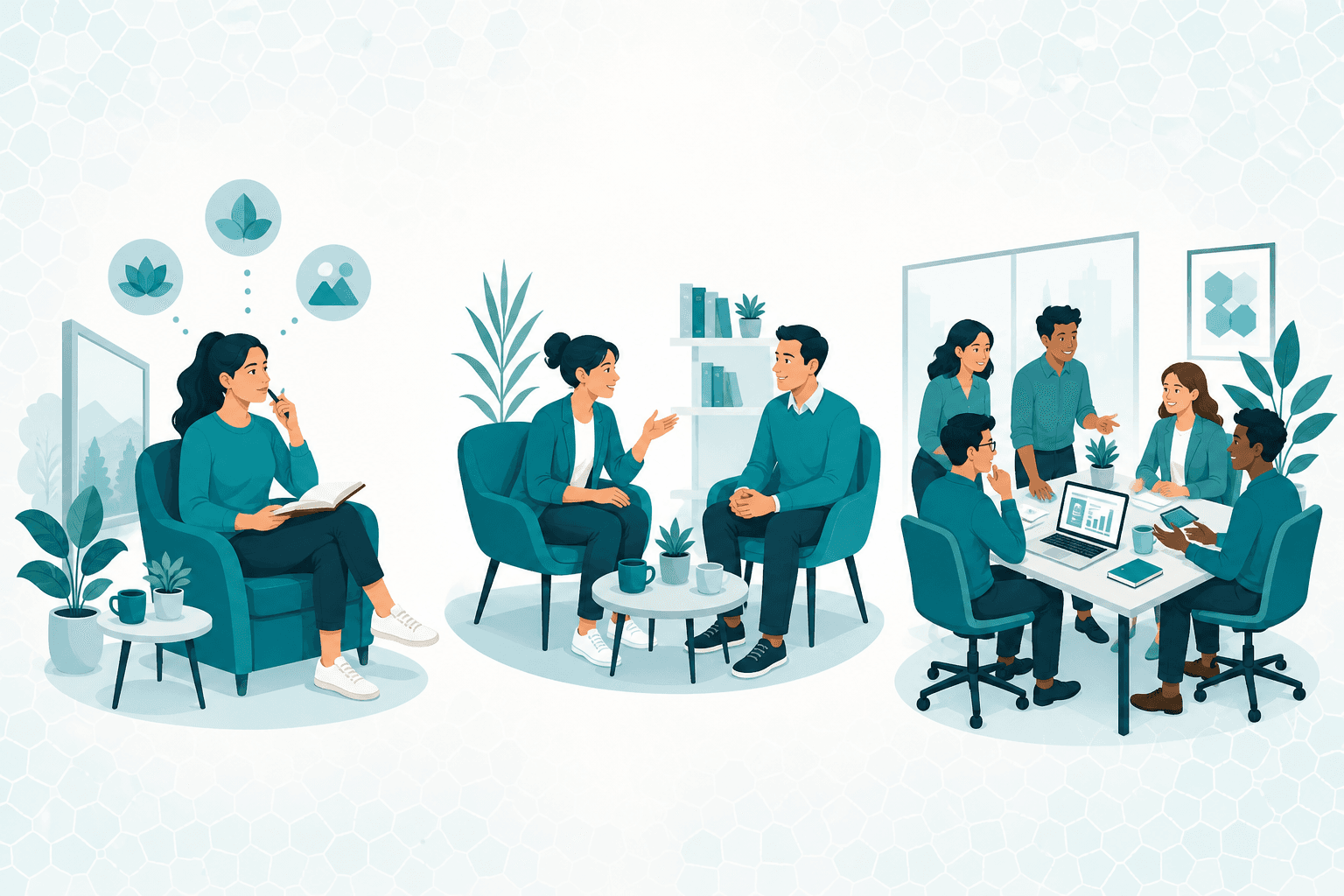 Illustration vectorielle montrant le travail sur soi en solo, à deux et en groupe, sur un fond de mosaïque turquoise